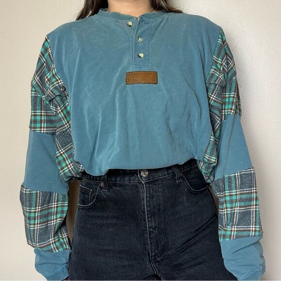 Reworked Upcycled Wrangler Baggy Two Tone Long Sleeve Henley Green Flannel Shirt - Picture 4 of 4